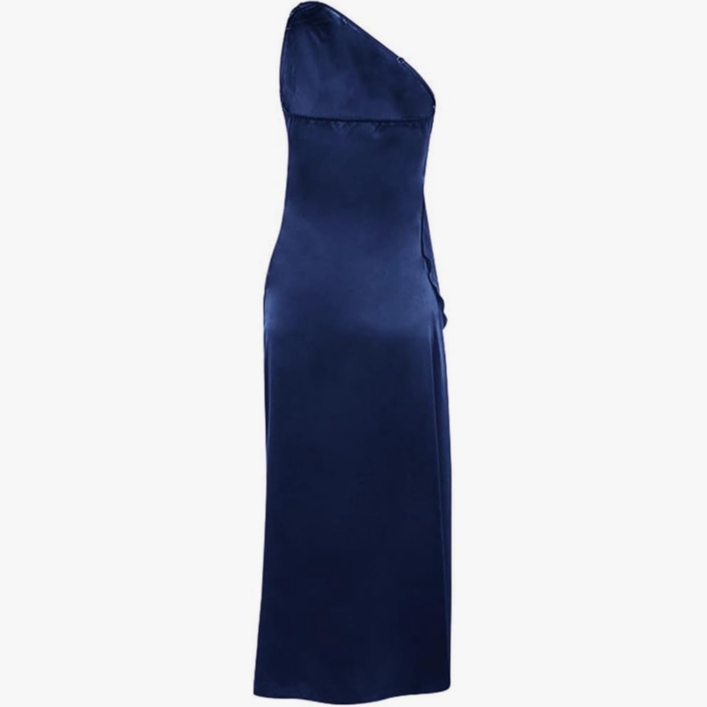 One Shoulder Sleeveless Dress Ruched Ruffle Maxi Dress Split Long Party Dress - Picture 3 of 9